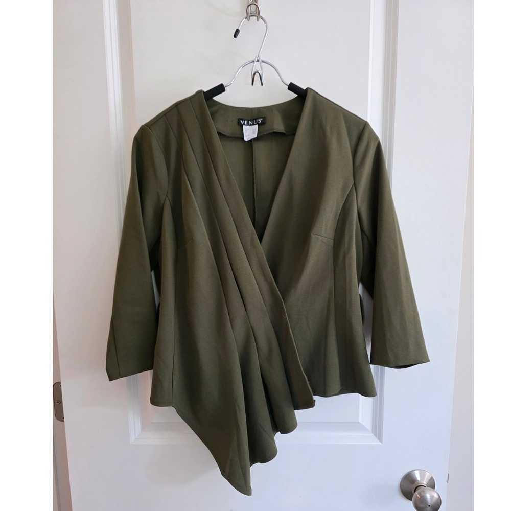 Venus Olive Green Asymmetrical Draped Wrap Peplum Blazer 3/4 Sleeve Size S